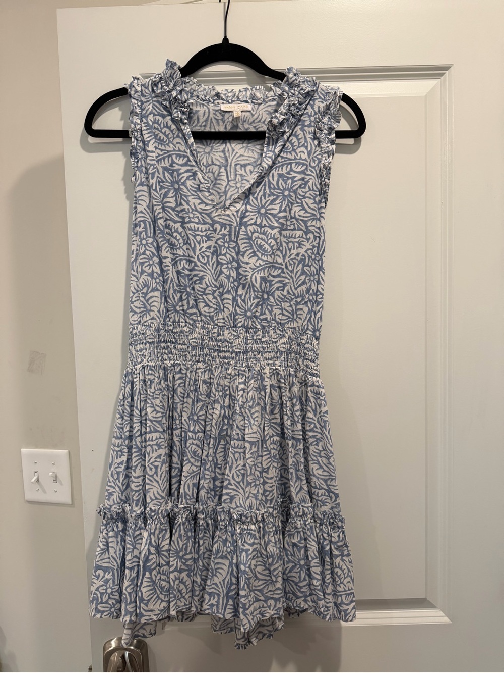 Light Blue Floral Smocked Mini Dress with Ruffle Neck
